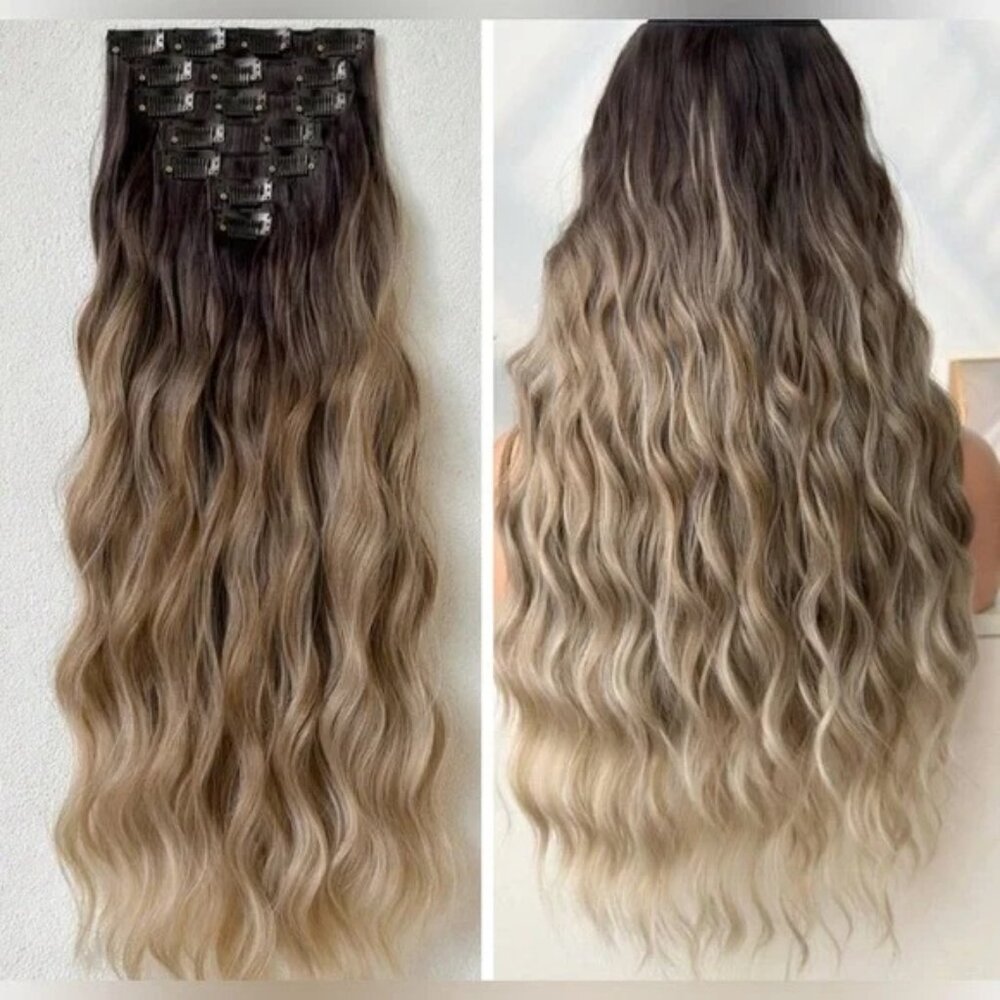 22 in Water Wave Brown to Ash Blonde Balayage Clip in Hair Extensions Set - Picture 1 of 8